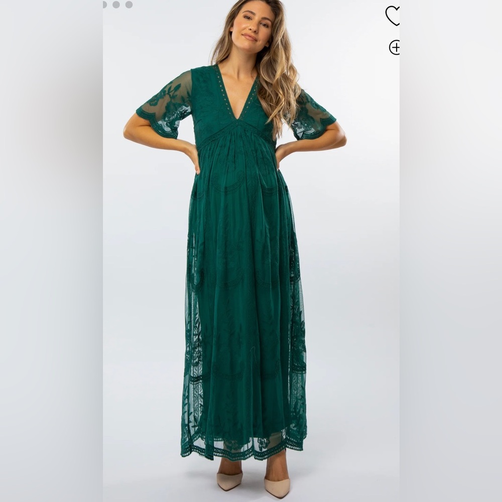 Forest Green Lace Mesh Overlay Maternity Maxi Dress
